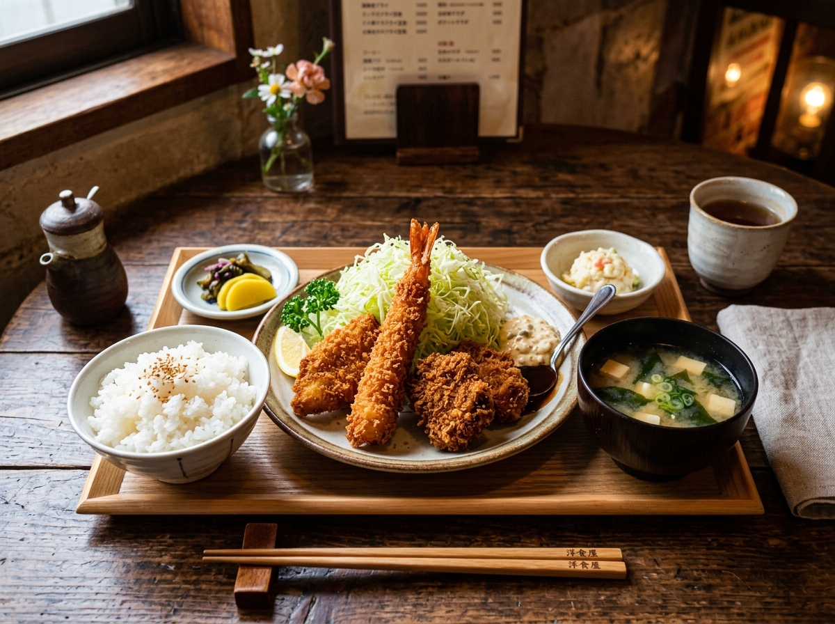 看板メニューのミックスフライ定食